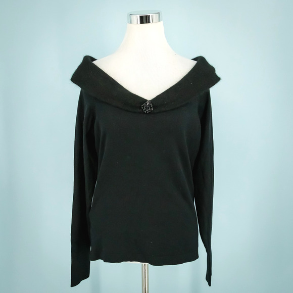 Ann Taylor Sweaters - Ann Taylor Size Large L Black Rhinestone Off The Shoulder Silk Cashmere Sweater